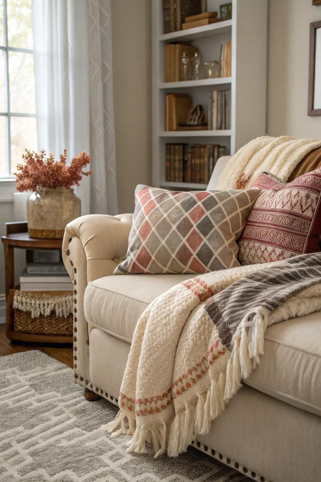 A snug corner enhanced with diverse textures and soft cushions.