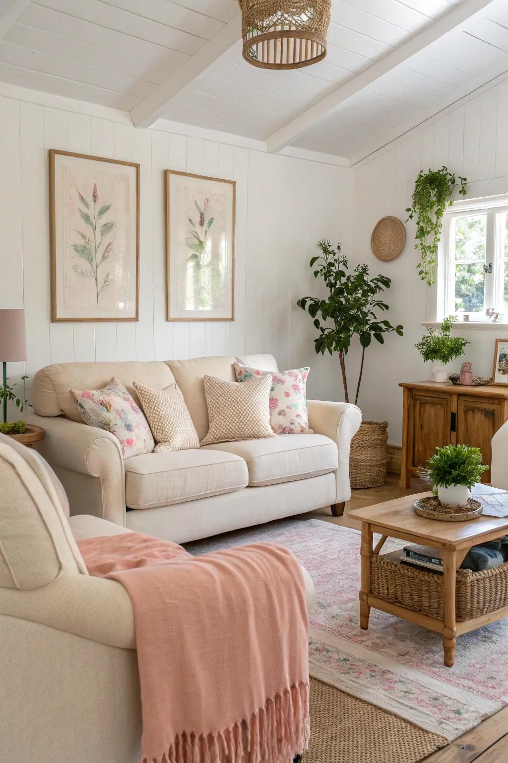 A family room displaying a soft, unbiased color spectrum for a tranquil ambiance.