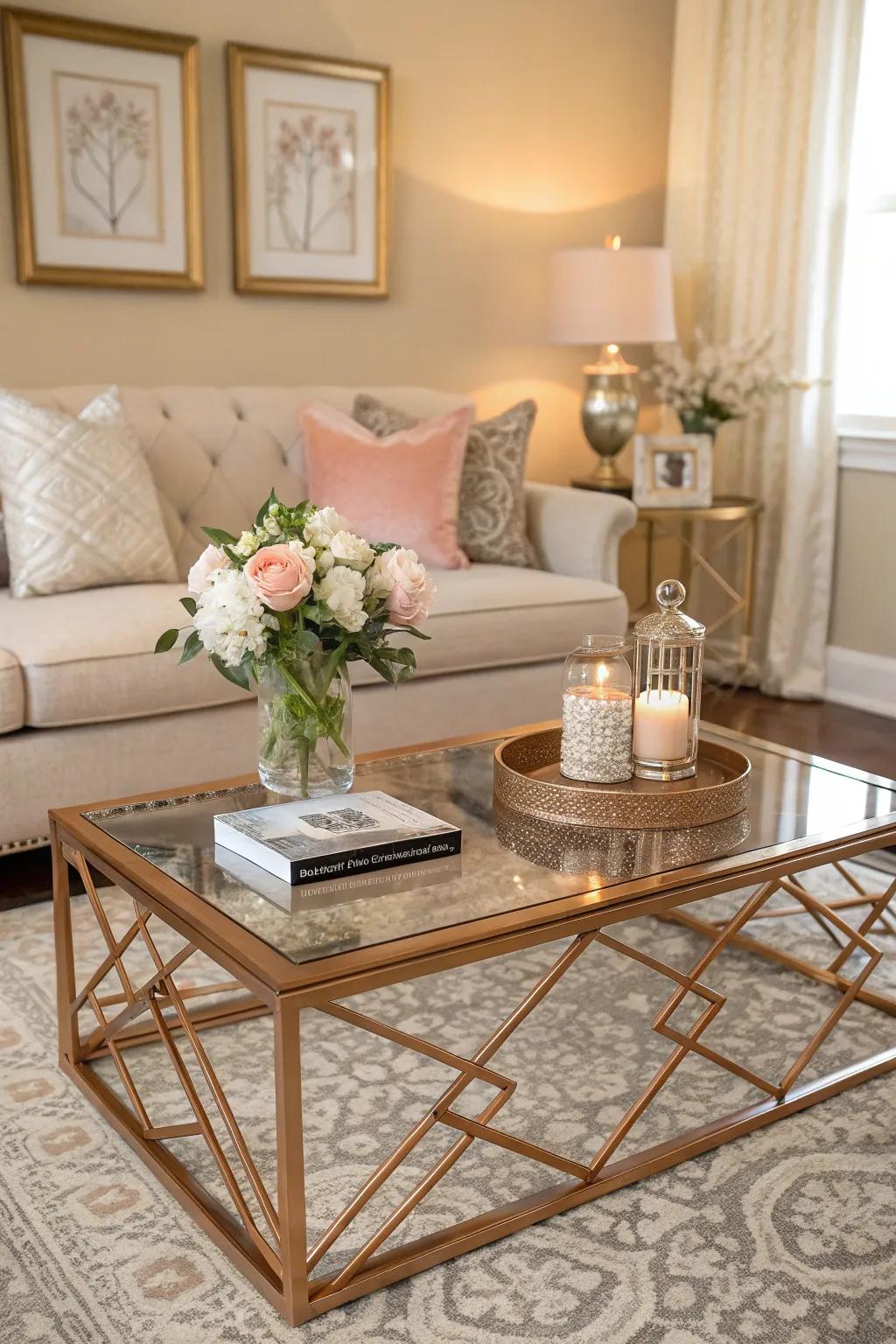 An eye-catching rose gold centerpiece table elevates the living room's elegance.
