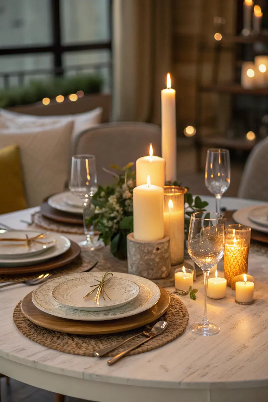 Wax lights enrich the dining setting with warmth and charm.
