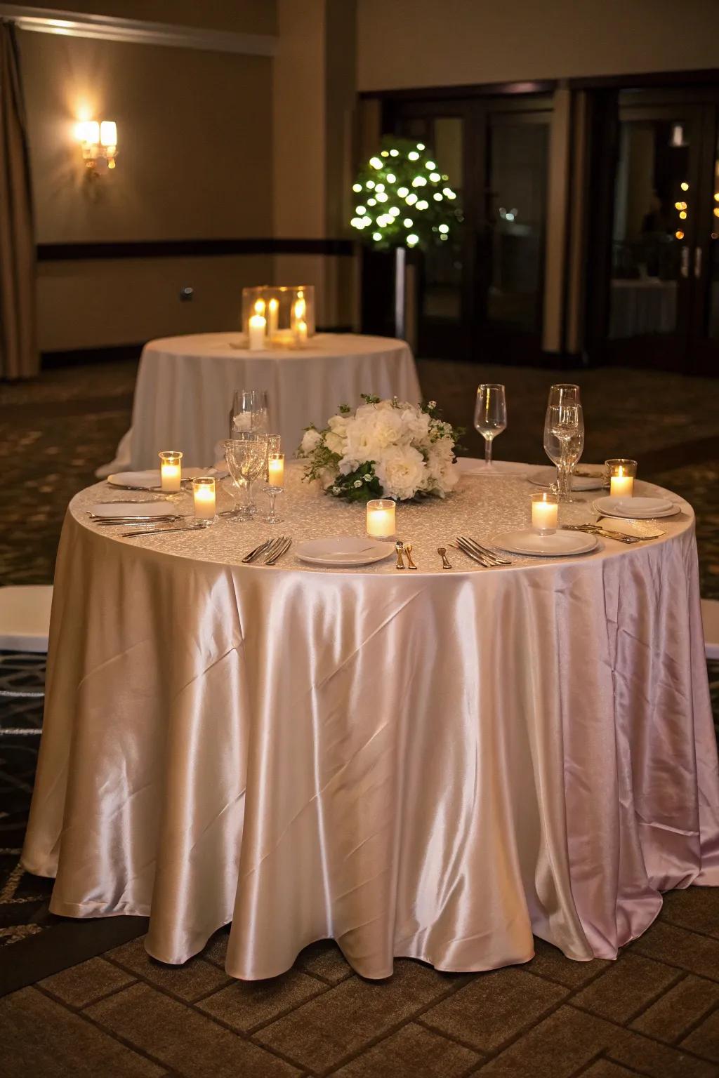 Glimmering satin table covering creating a refined atmosphere.