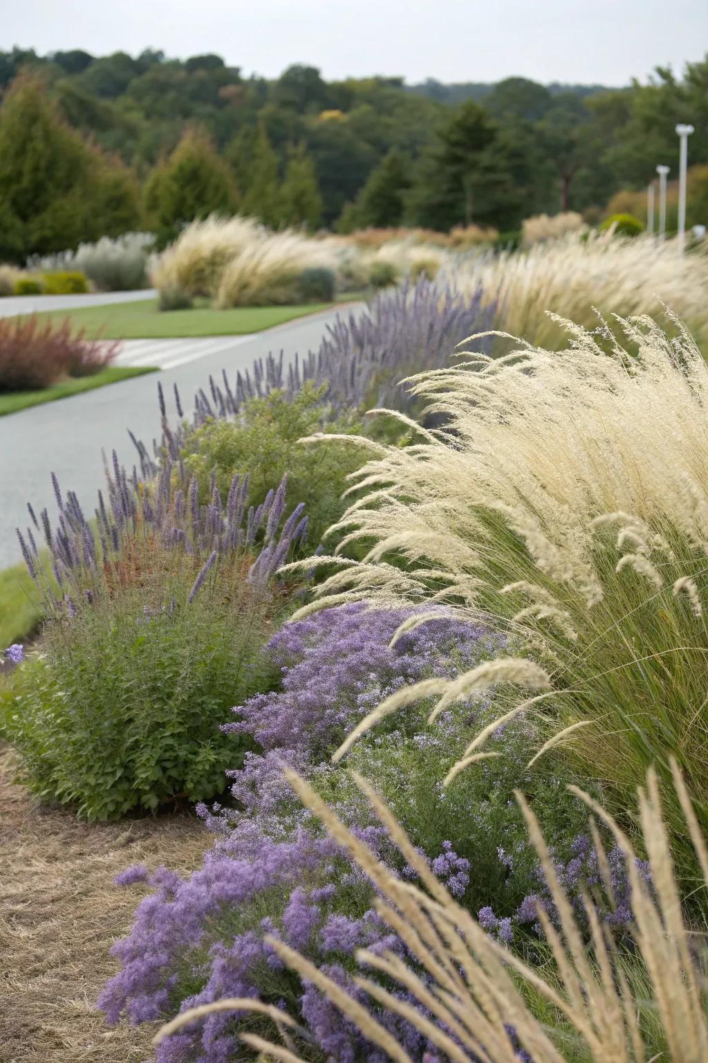 A captivating garden texture featuring 'Silver Whisper' and decorative grasses swaying in the breeze.