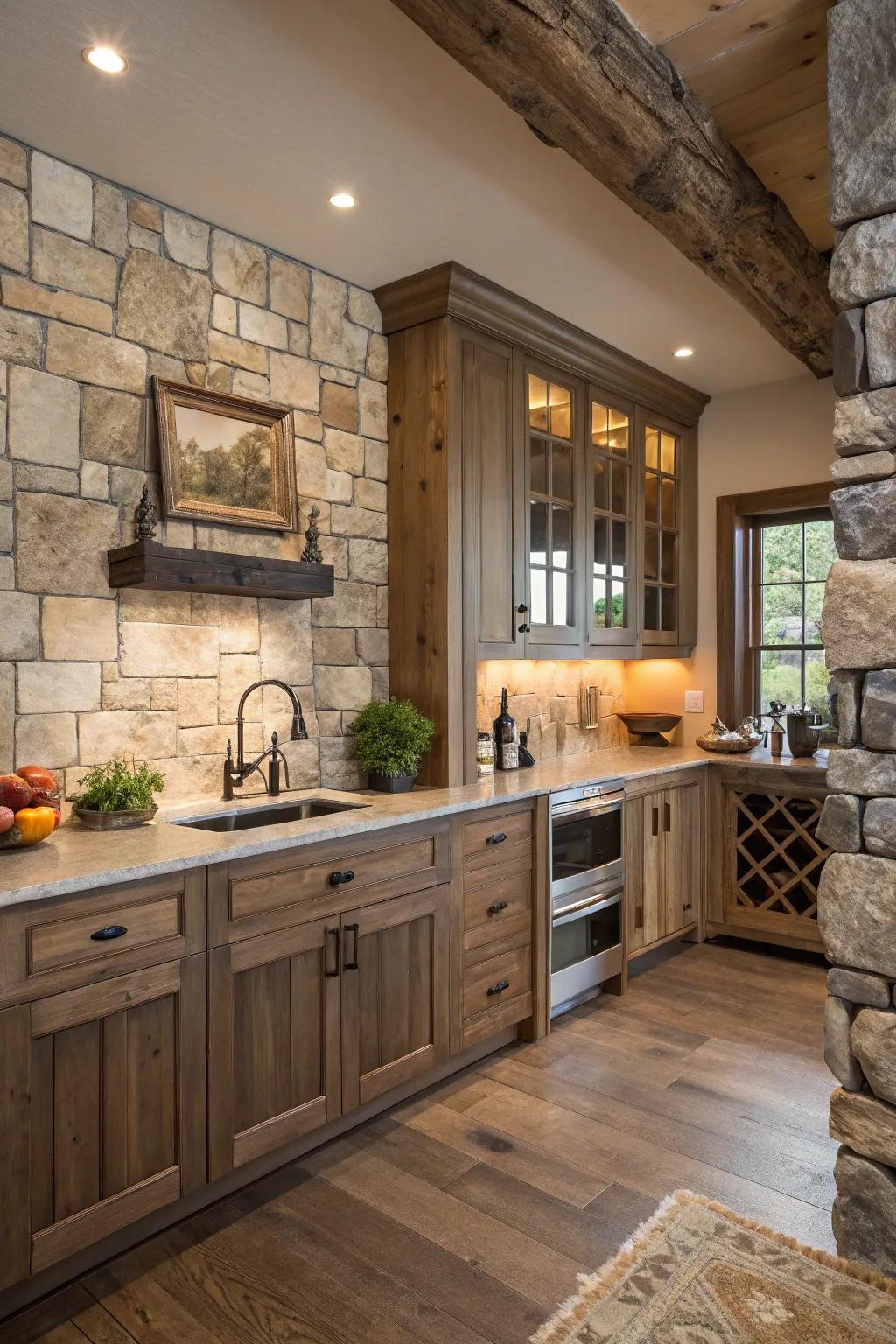 Genuine rock slabs present a credible country style element.