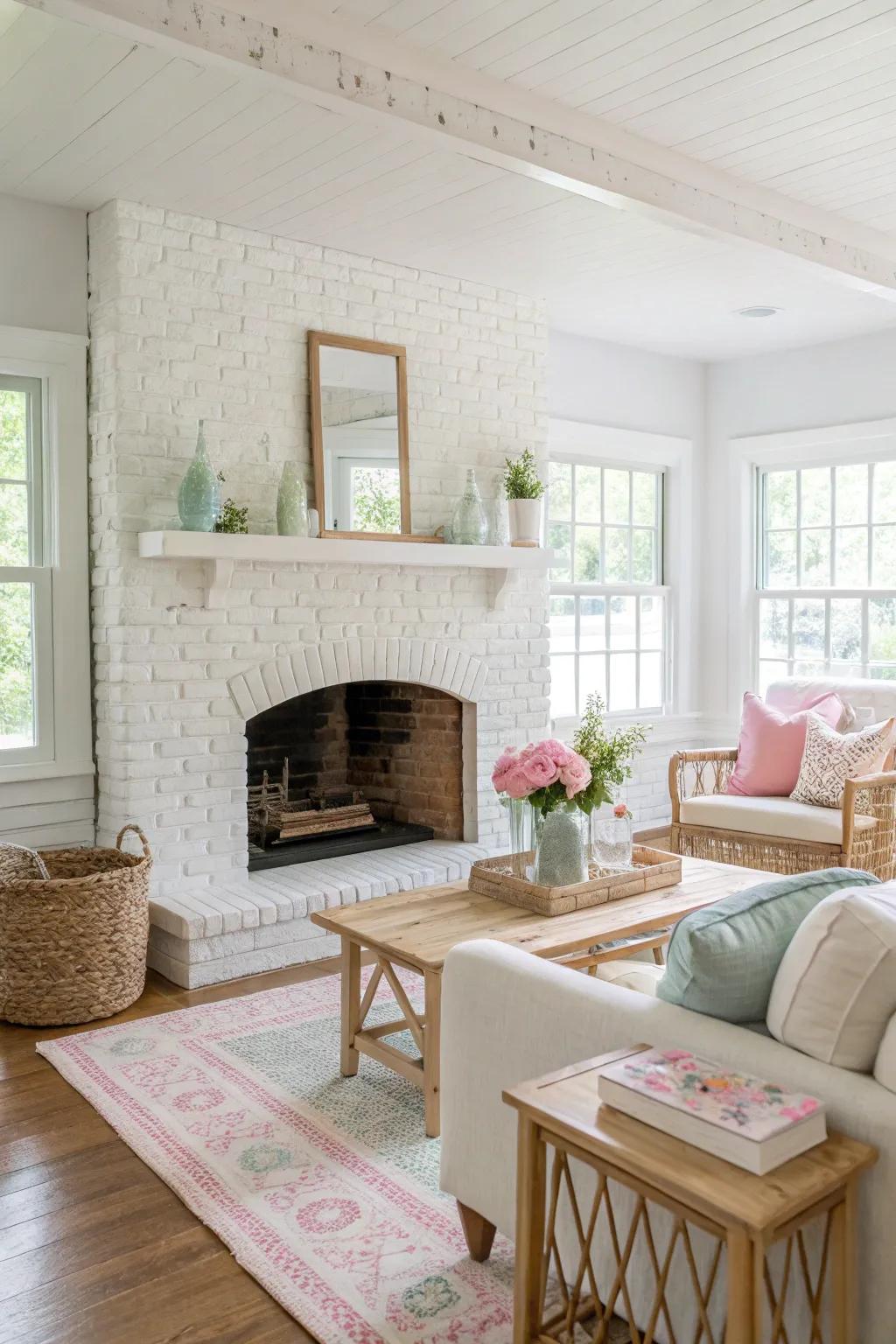 Chalky stone hearth for a refreshing and airy ambiance.