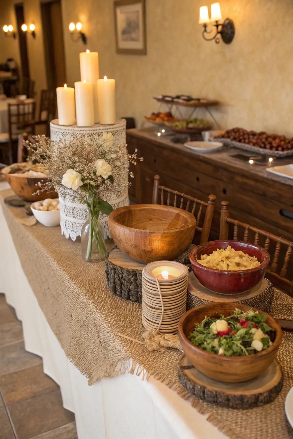 A sideboard tastefully ornamented with a hessian runner for additional texture.
