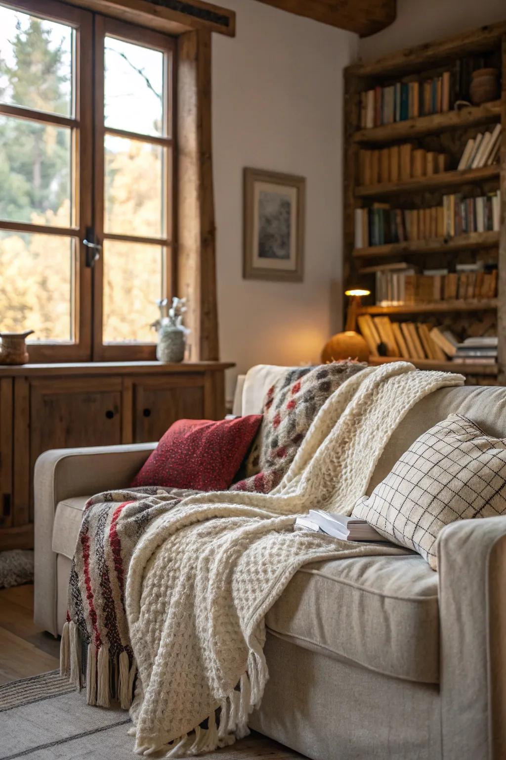 A family room featuring a sofa embellished with an assortment of woven coverings.