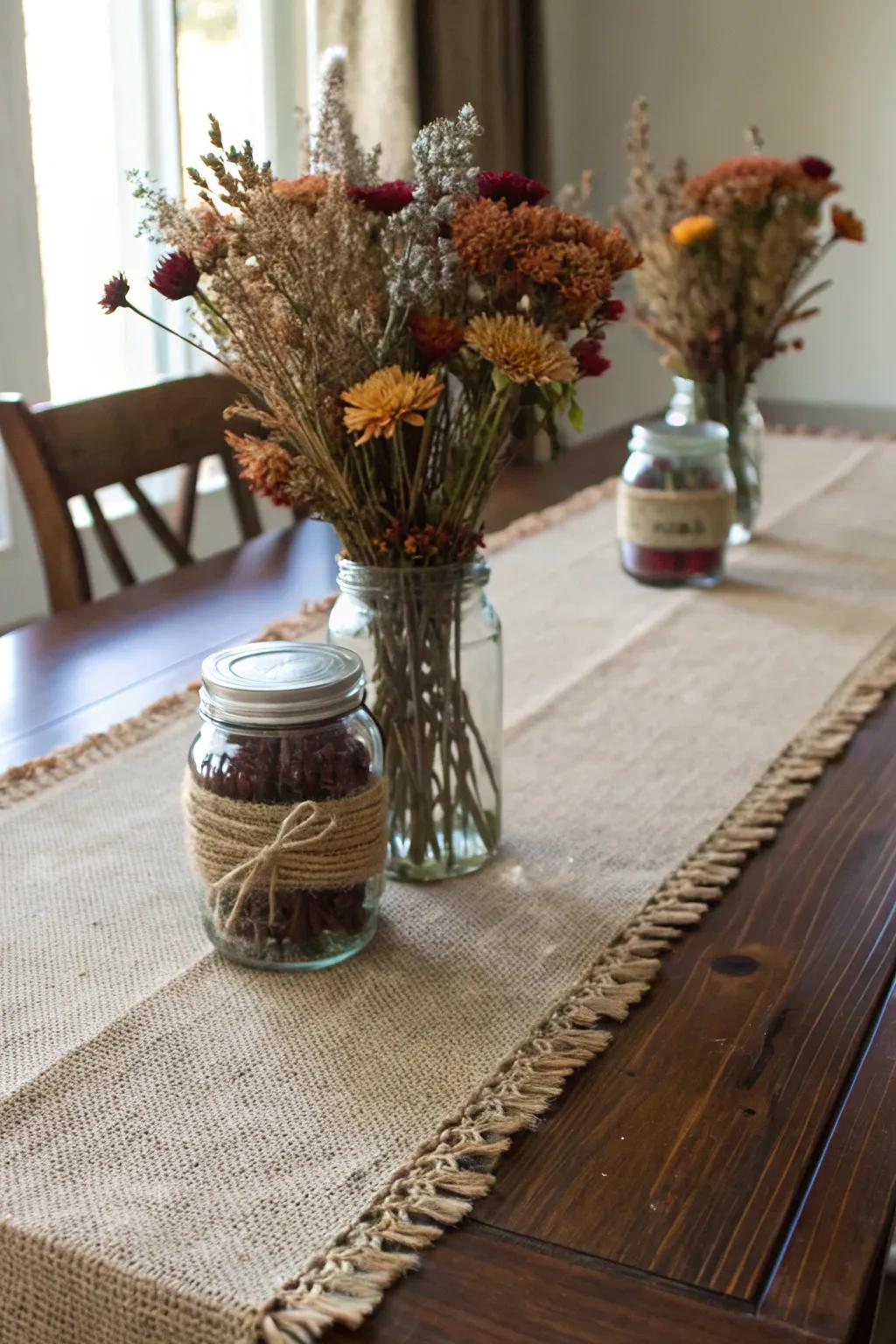Hessian and preserving jars create a rustic charm.