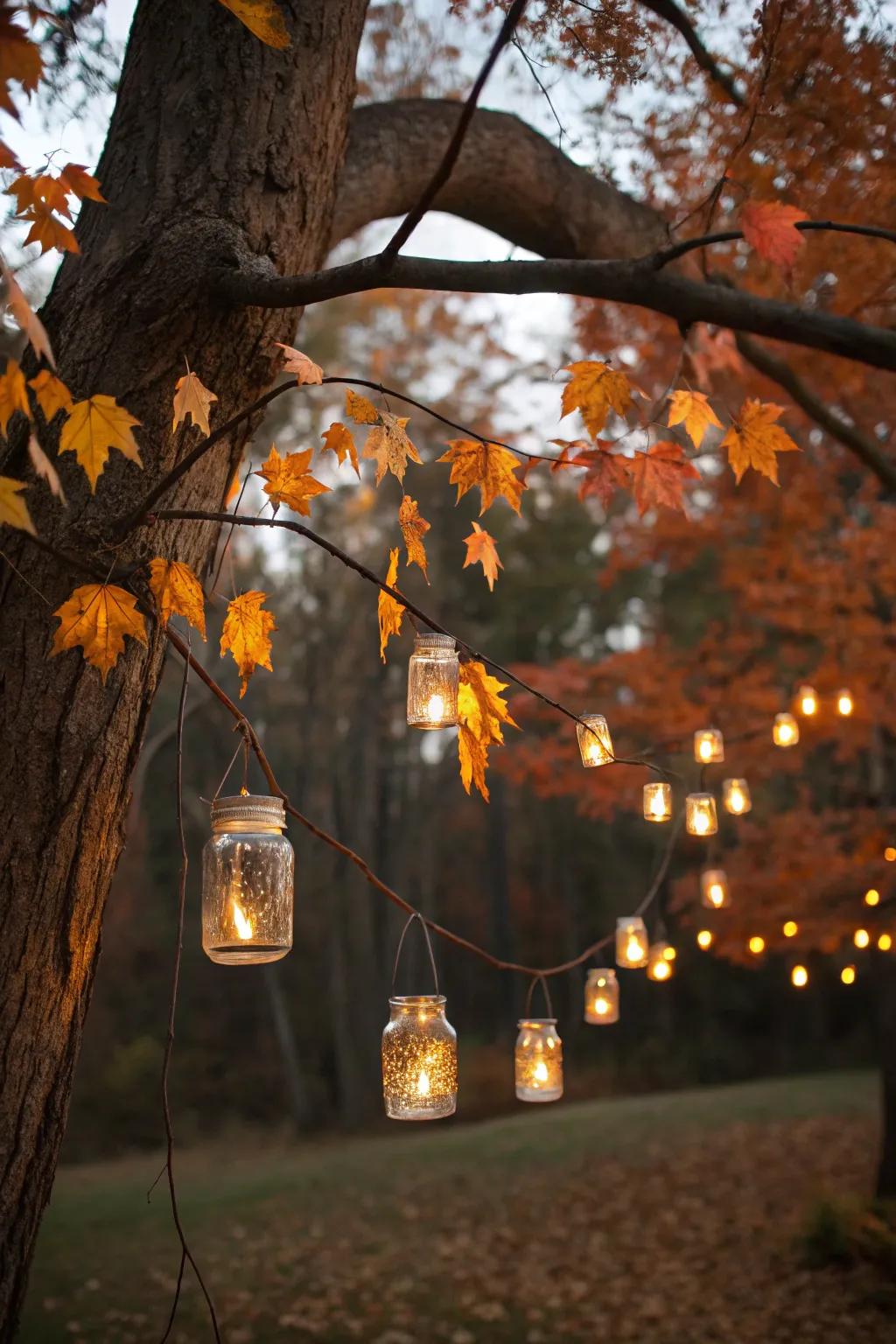 Shimmering glass container lights introduce a magical element to rustic weddings.