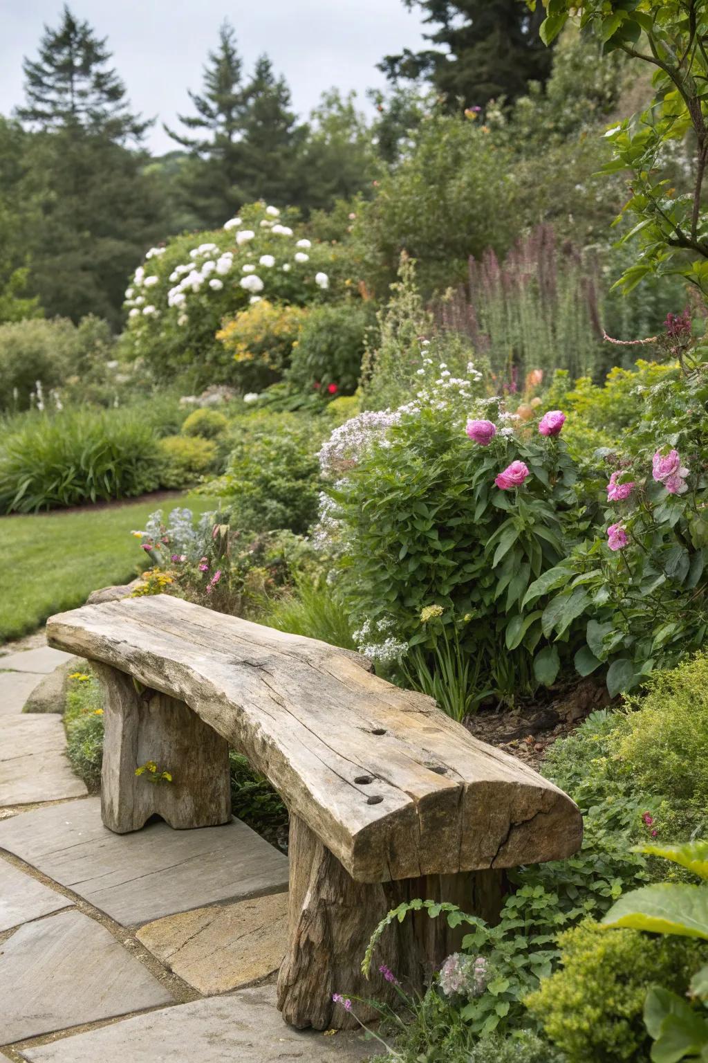 A raw edge garden seat that integrates smoothly with its surrounding nature.