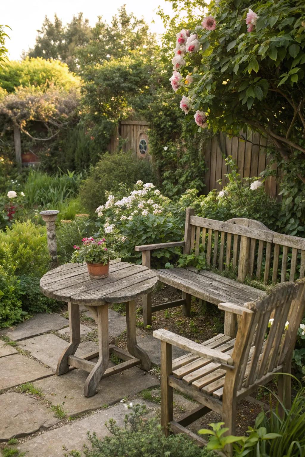 Wood furniture arrangement crafting an inviting space in the garden.