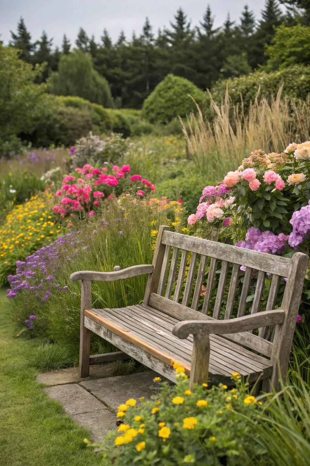 A natural timber seat nestled in a lively garden.