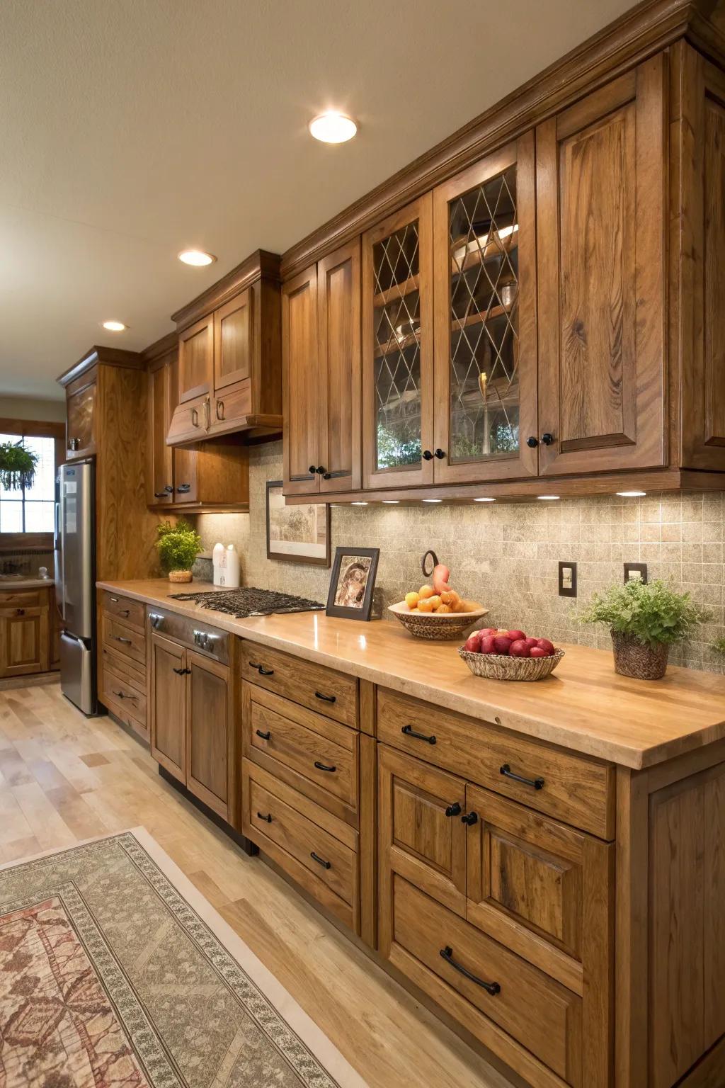 Raw wood features create a cozy and natural kitchen atmosphere.