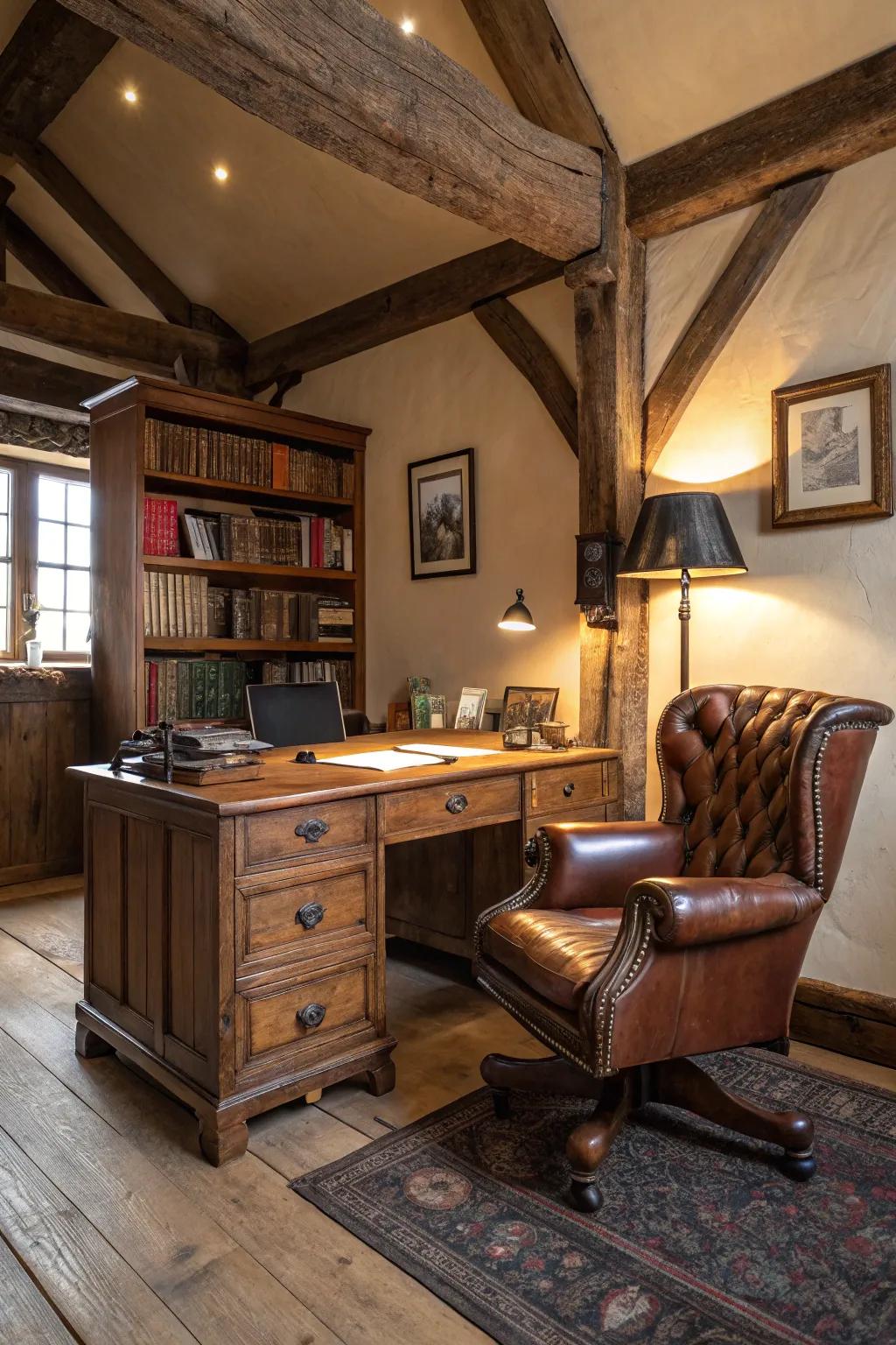 Sophisticated and plush animal hide seating within a country-style design.