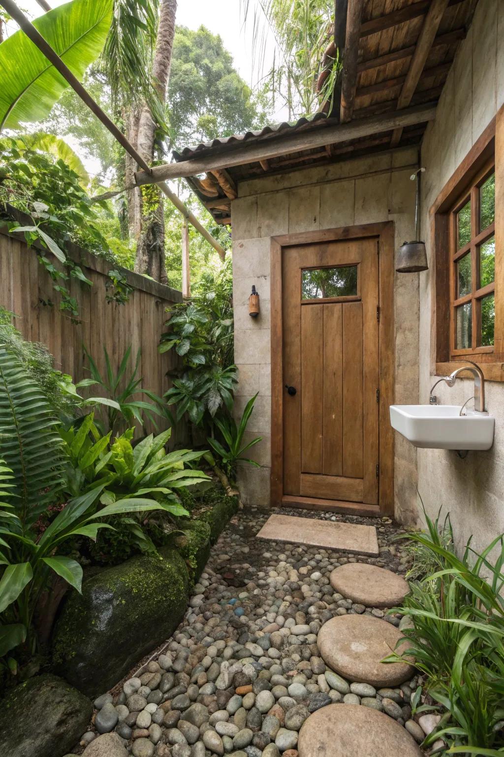 Gravel and rock underlay adds a natural touch to this countryside bathroom.