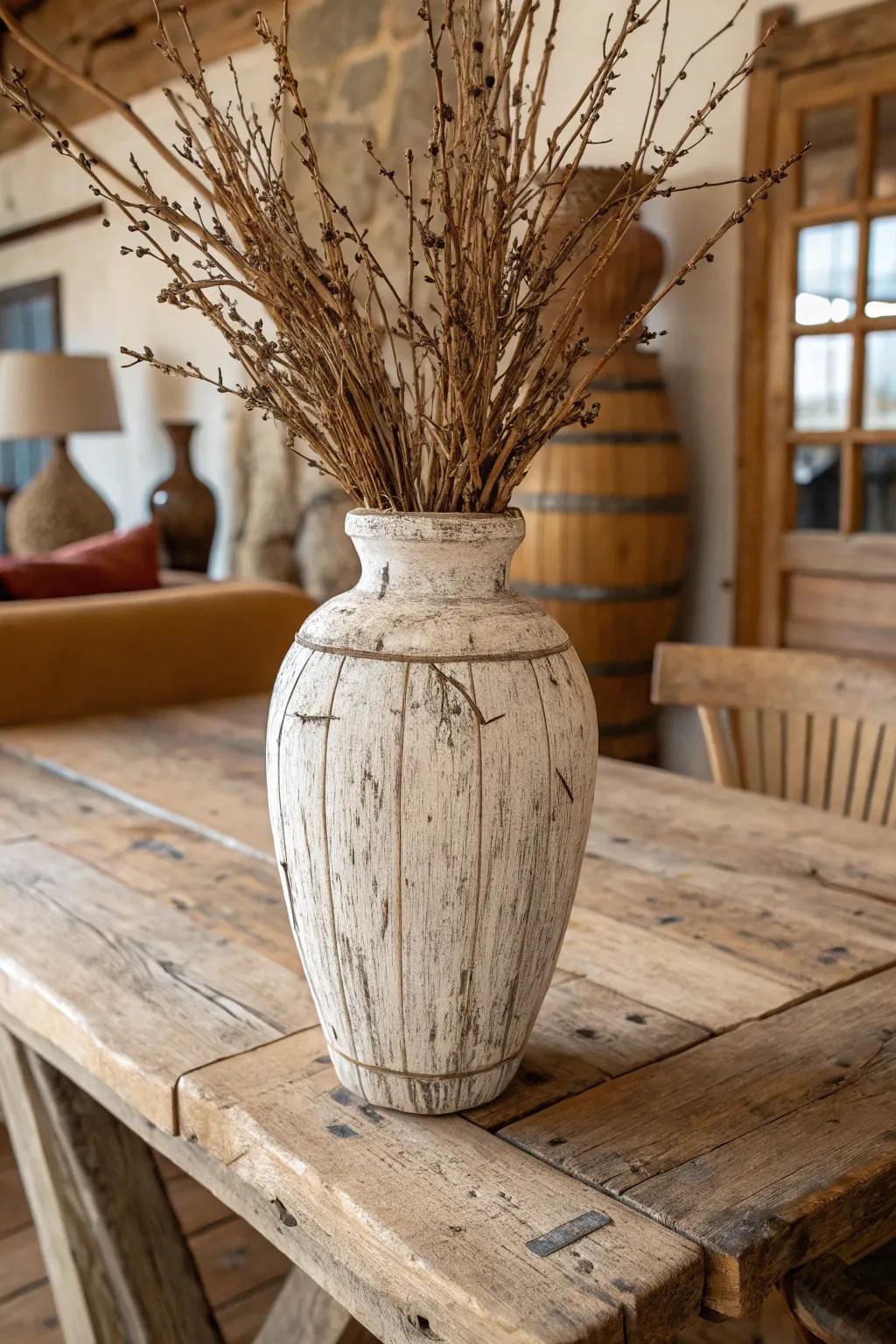 Timber vases foster a natural and hospitable environment.