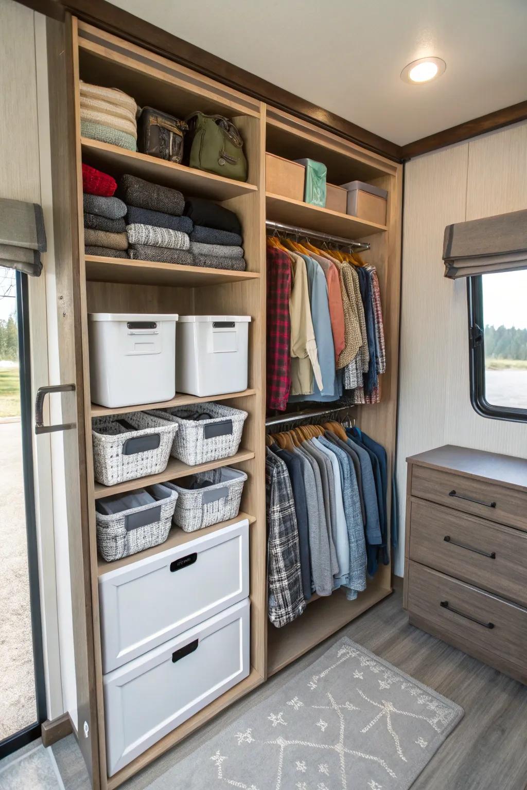 It's simple to arrange an RV closet with customizable shelves.