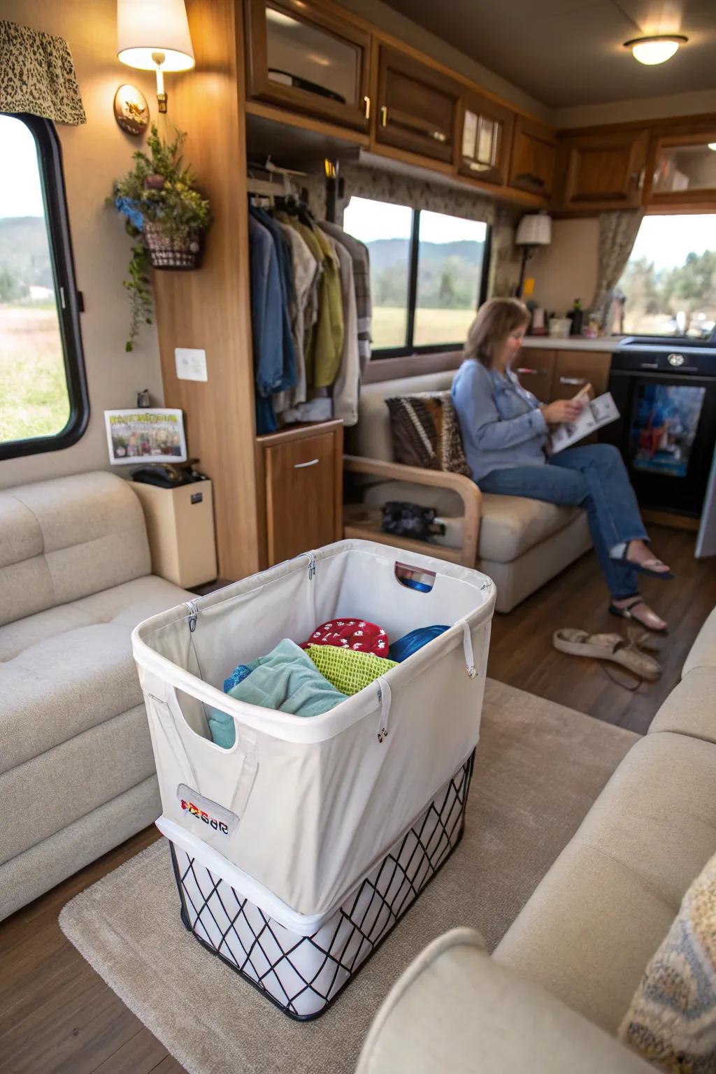 A receptacle that preserves area by functioning as a seating option in an RV.
