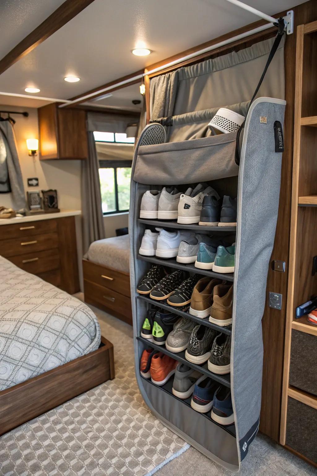 Utilize the under-bed area with a clever shoe rack.
