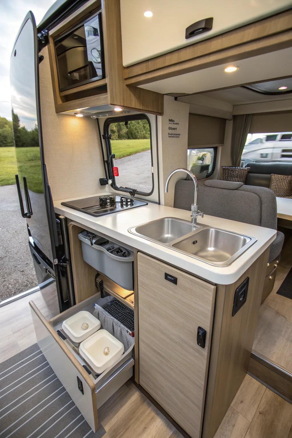 An RV cooking area with a stowable basin for area optimization.