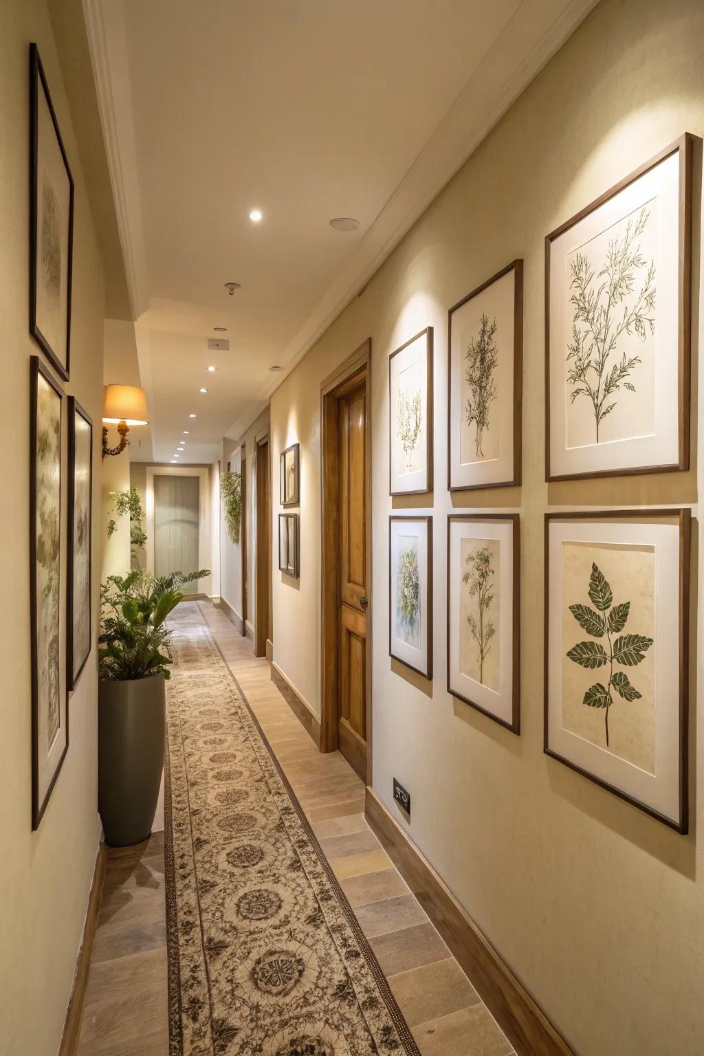 A hallway with a gallery wall of simple plant art and simple decor