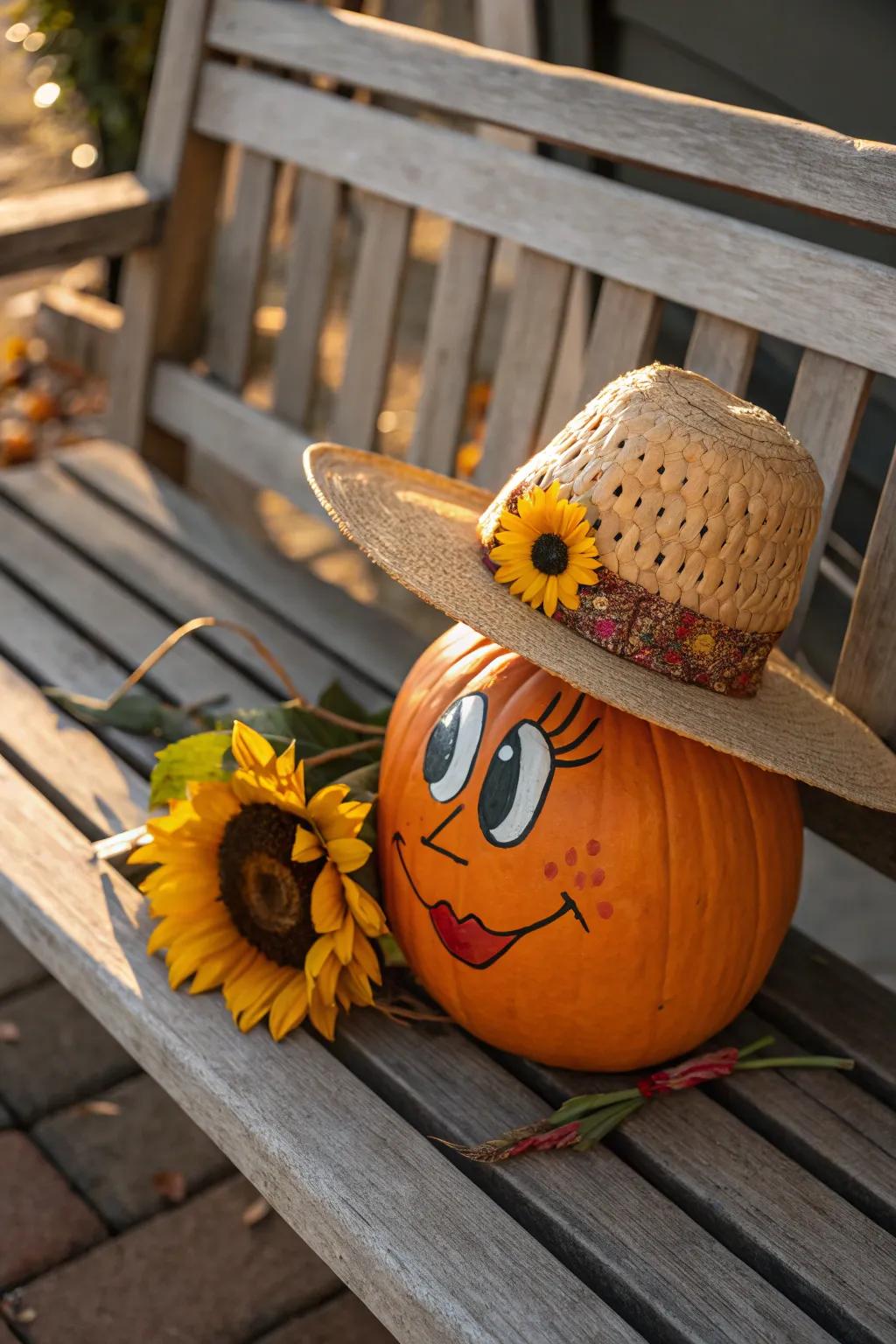 A scarecrow pumpkin topped with a charming straw hat.