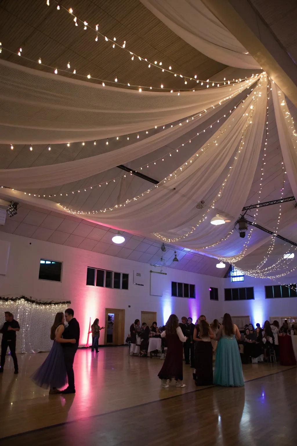 An expanse above exquisitely adorned with flowing fabric and radiant strands.