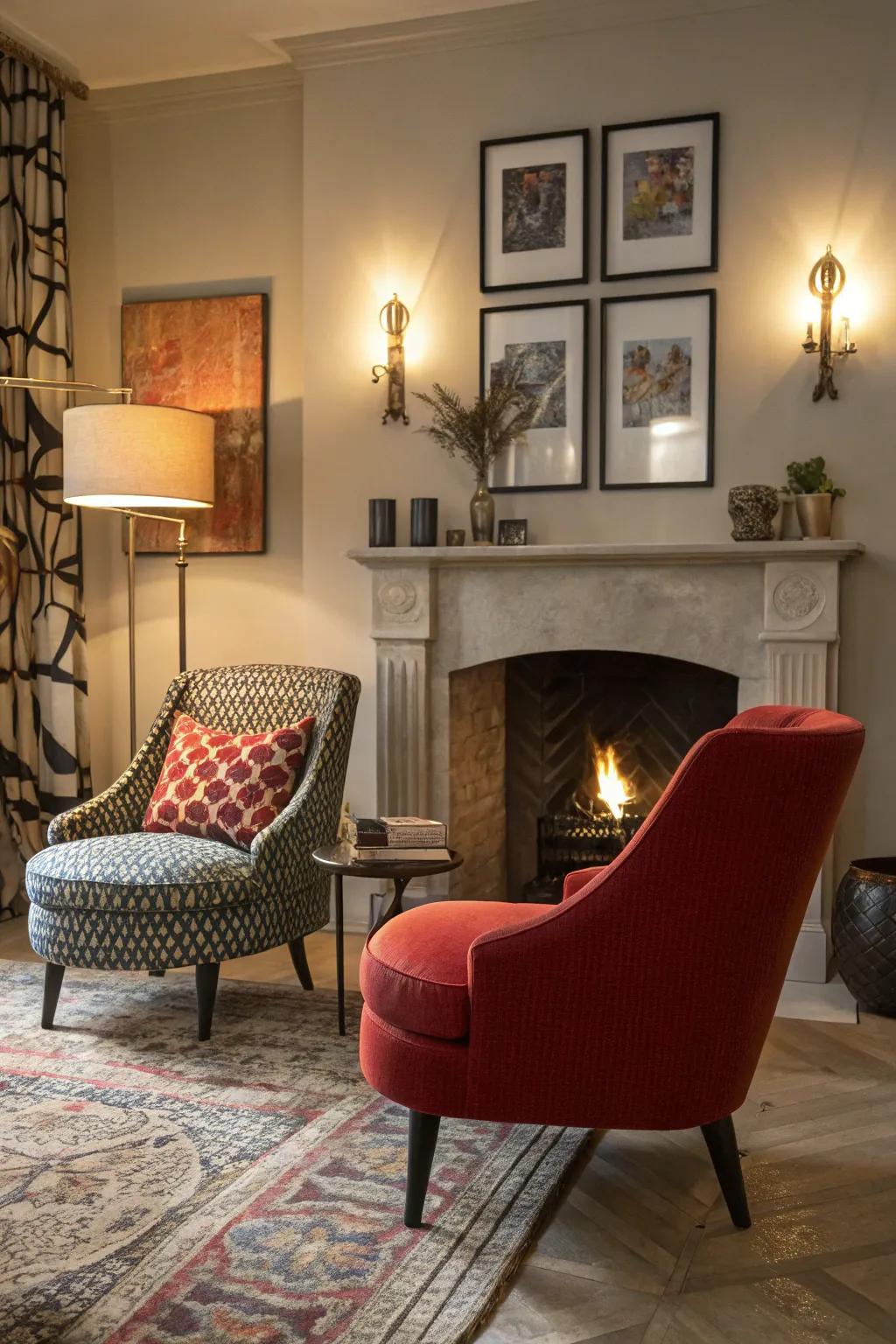 Statement chairs act as fashionable points of interest surrounding a comfortable fireplace.