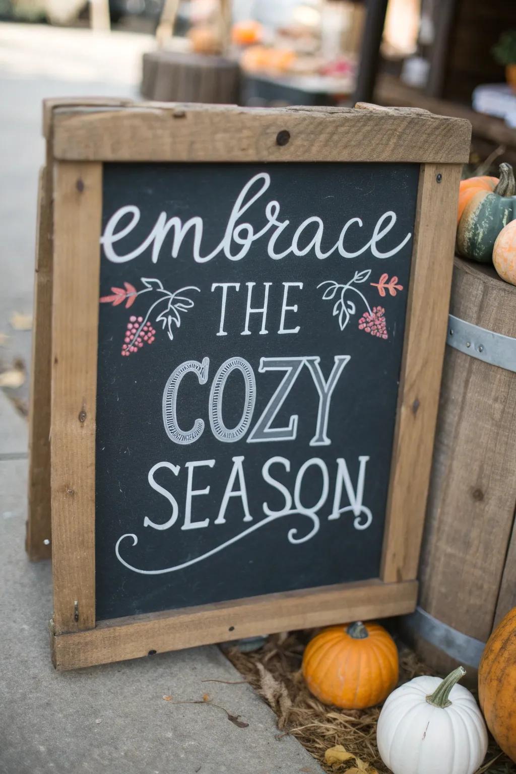 A beautifully crafted fall quote on a slate board with pumpkin images.