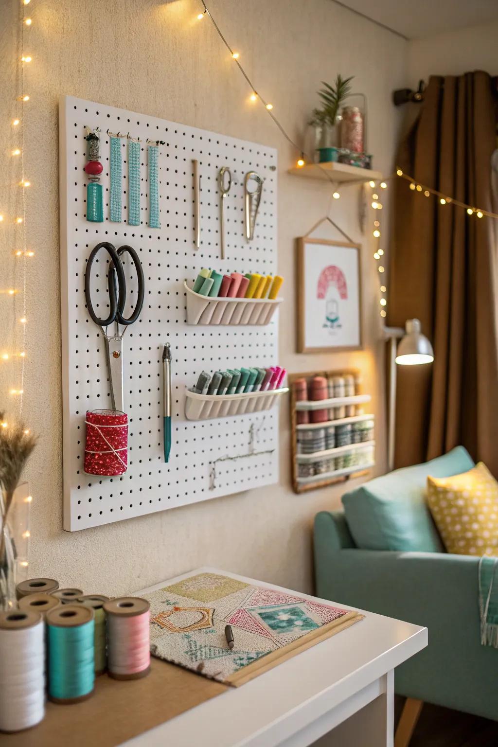 A pegboard system ensures your tools are organized and within easy reach.