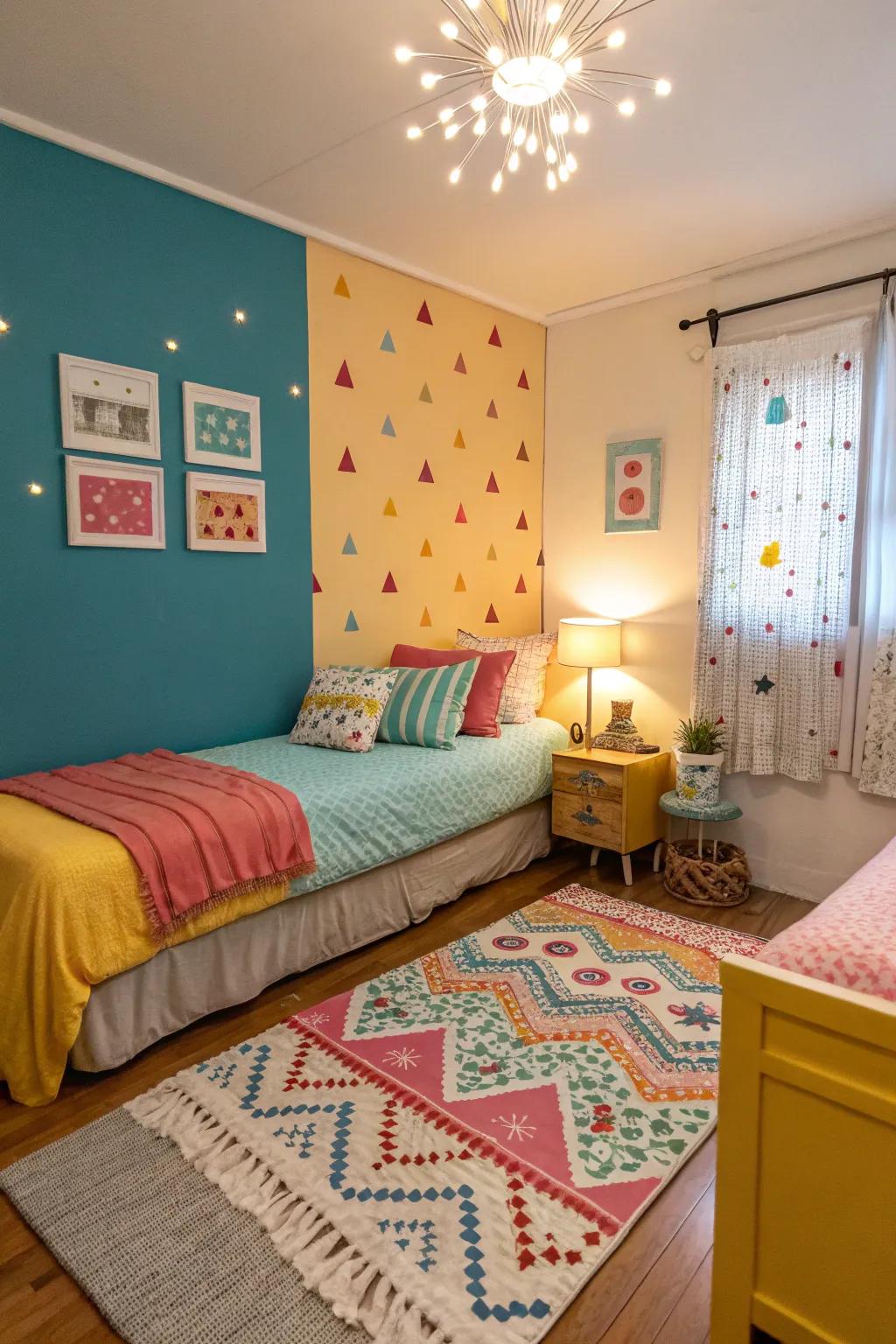 Color-coordinated spaces give each child their own special area in this shared room.