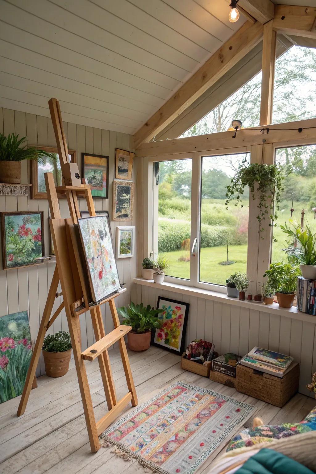 A tranquil area for creativity inside a she shed art studio.
