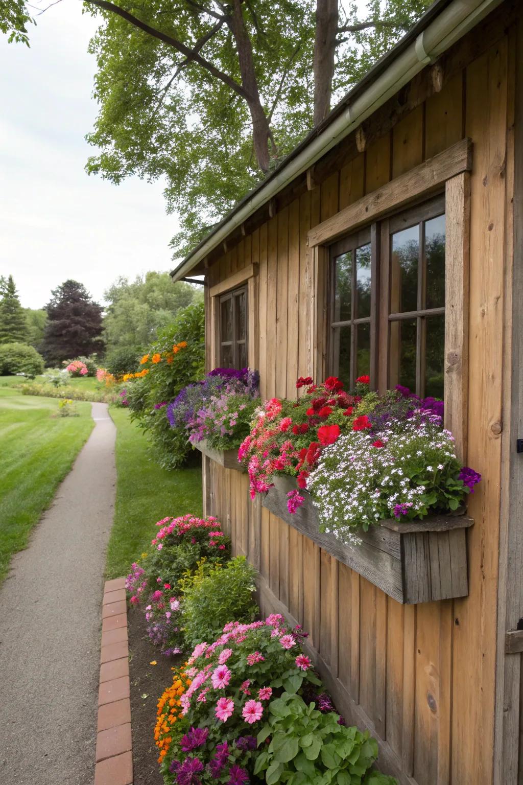 Floral boxes bursting with colorful blooms enhance the charm.