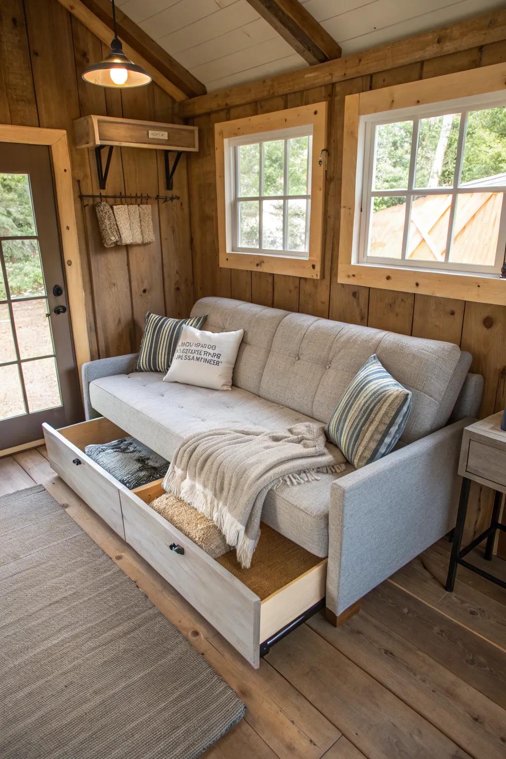 Multi-functional furniture maximizes space in a shed house.