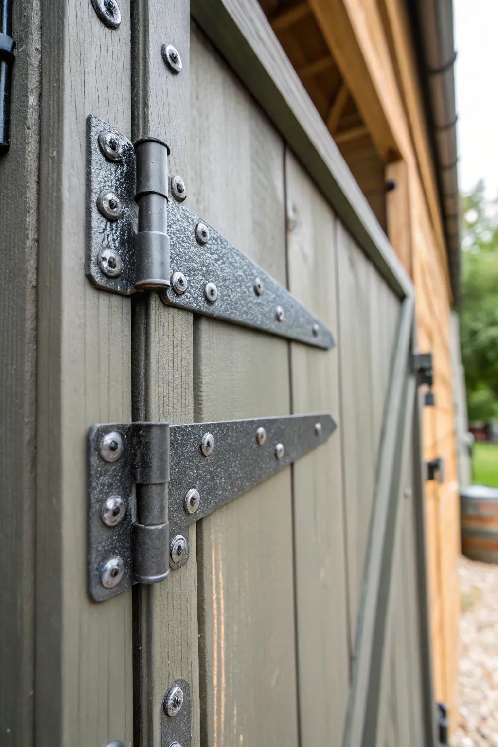 Reinforced metal hinges lend robustness and security to a shed door.