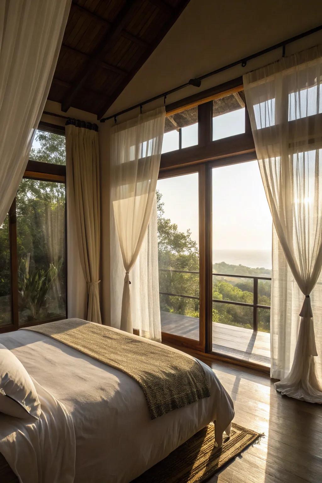 Lightweight curtains soften and intensify natural illumination, fashioning a serene and inviting chamber.