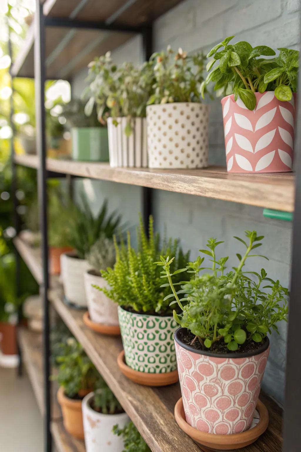 A shelf embellished with miniature potted plants and foliage.