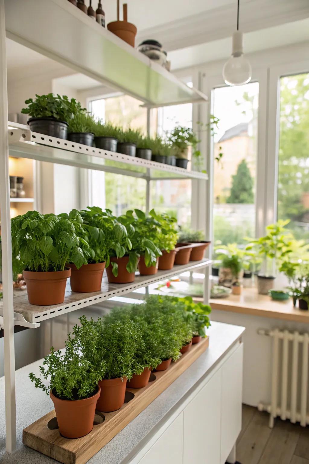 Kitchen shelves embellished with a small herb garden for a lively atmosphere.