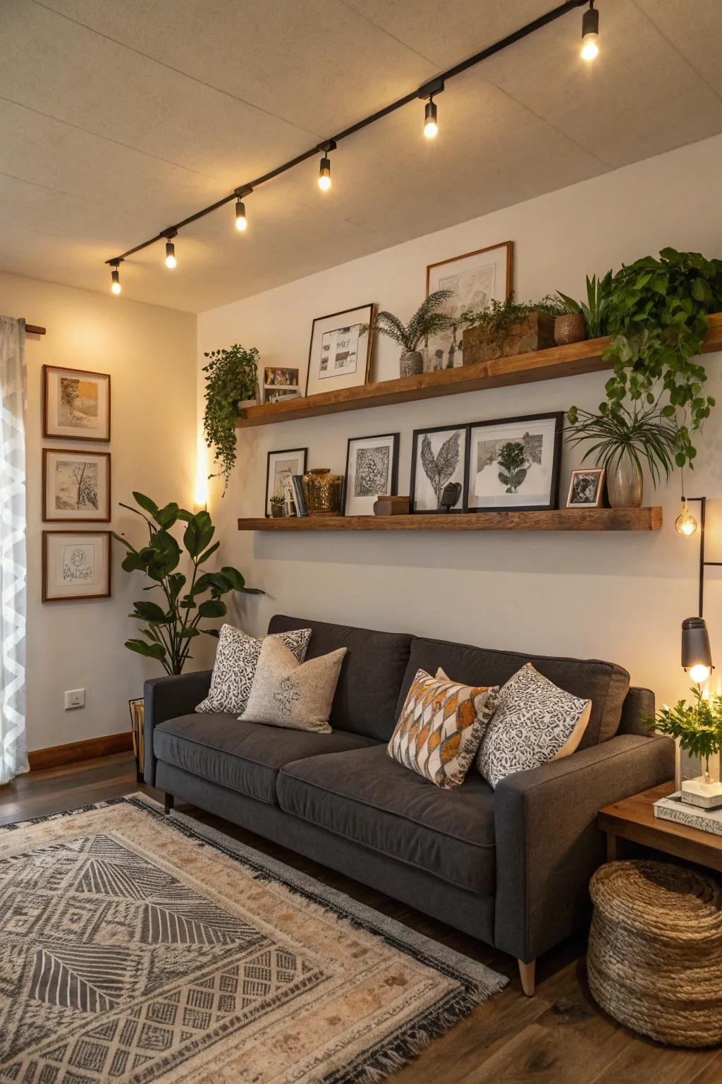 Floating shelves contribute a minimalist and spacious sensation.