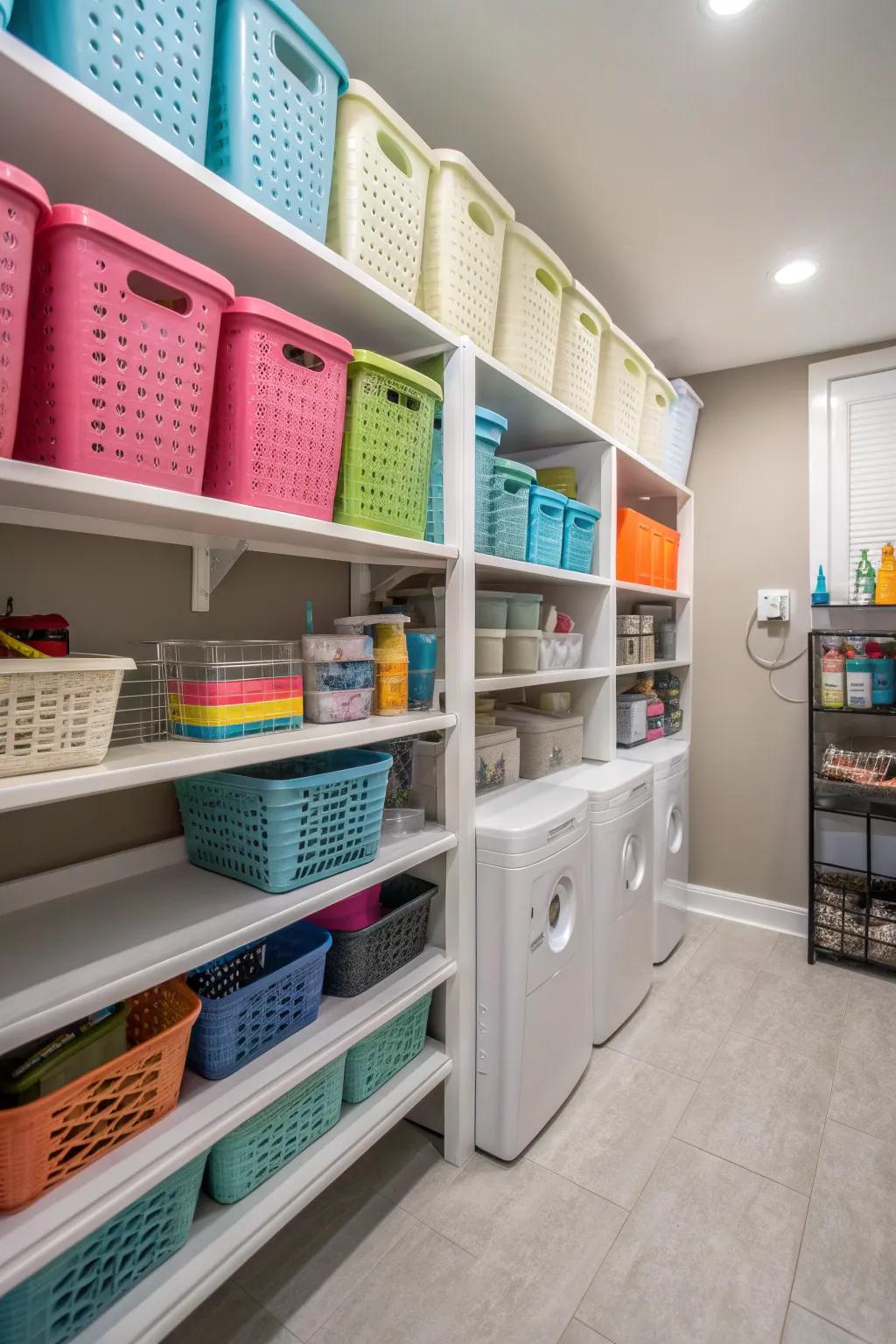 Baskets and containers are arranged on shelves in a utility area to create a neat and organized impression.
