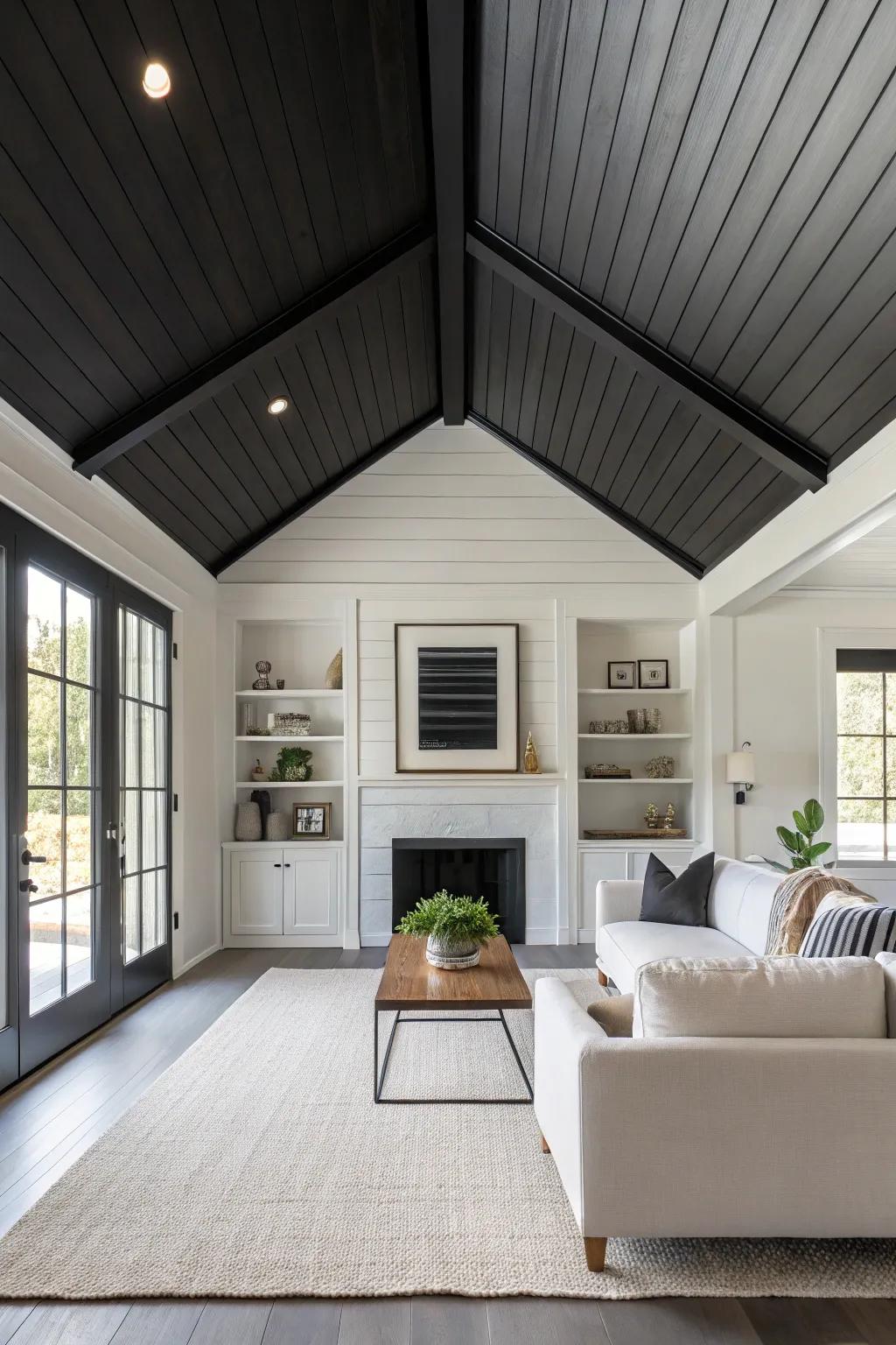 A captivating dark shiplap ceiling enriching the room with profoundness.