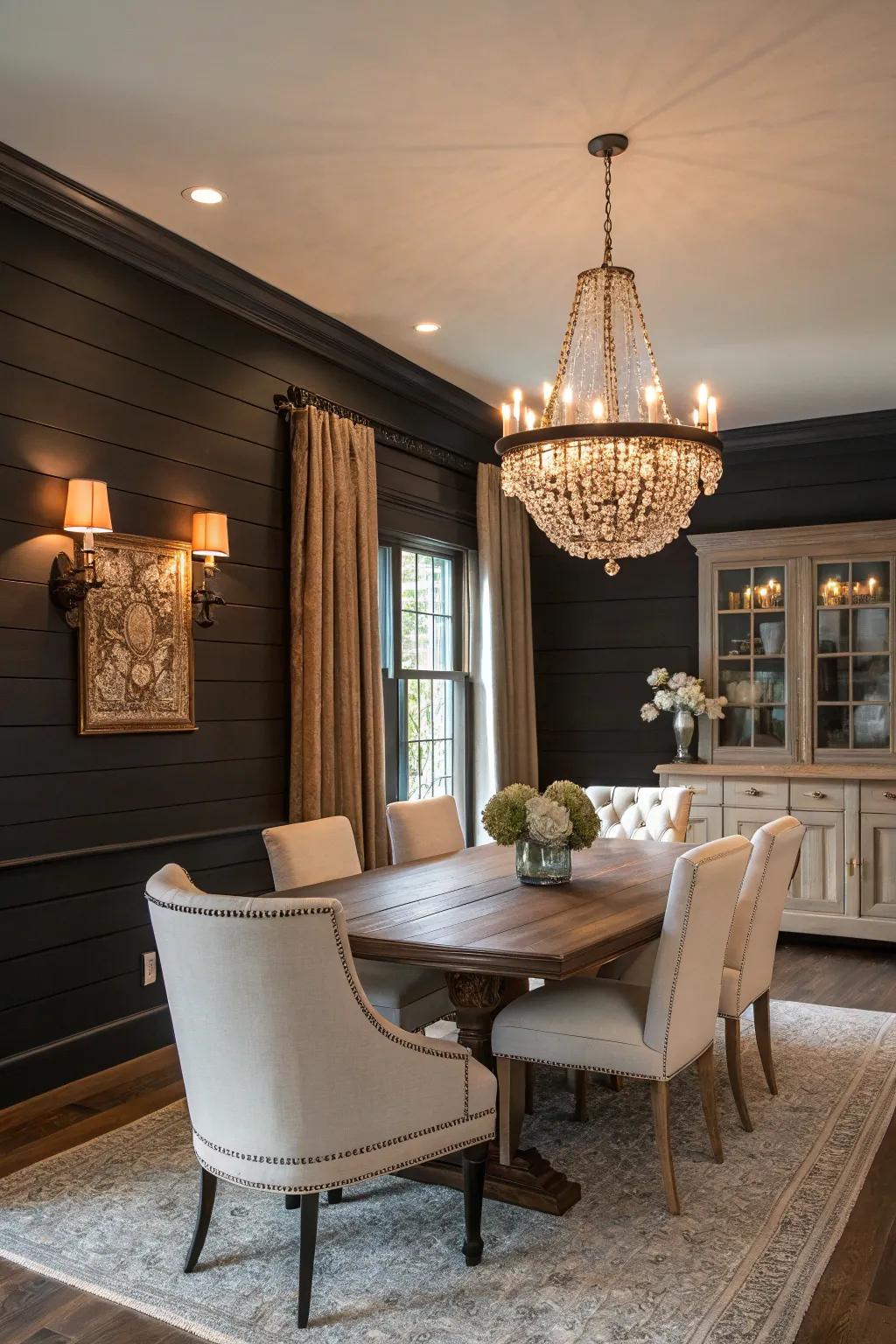 A dining room with impressive deep-tone paneled walls and matching light furniture.