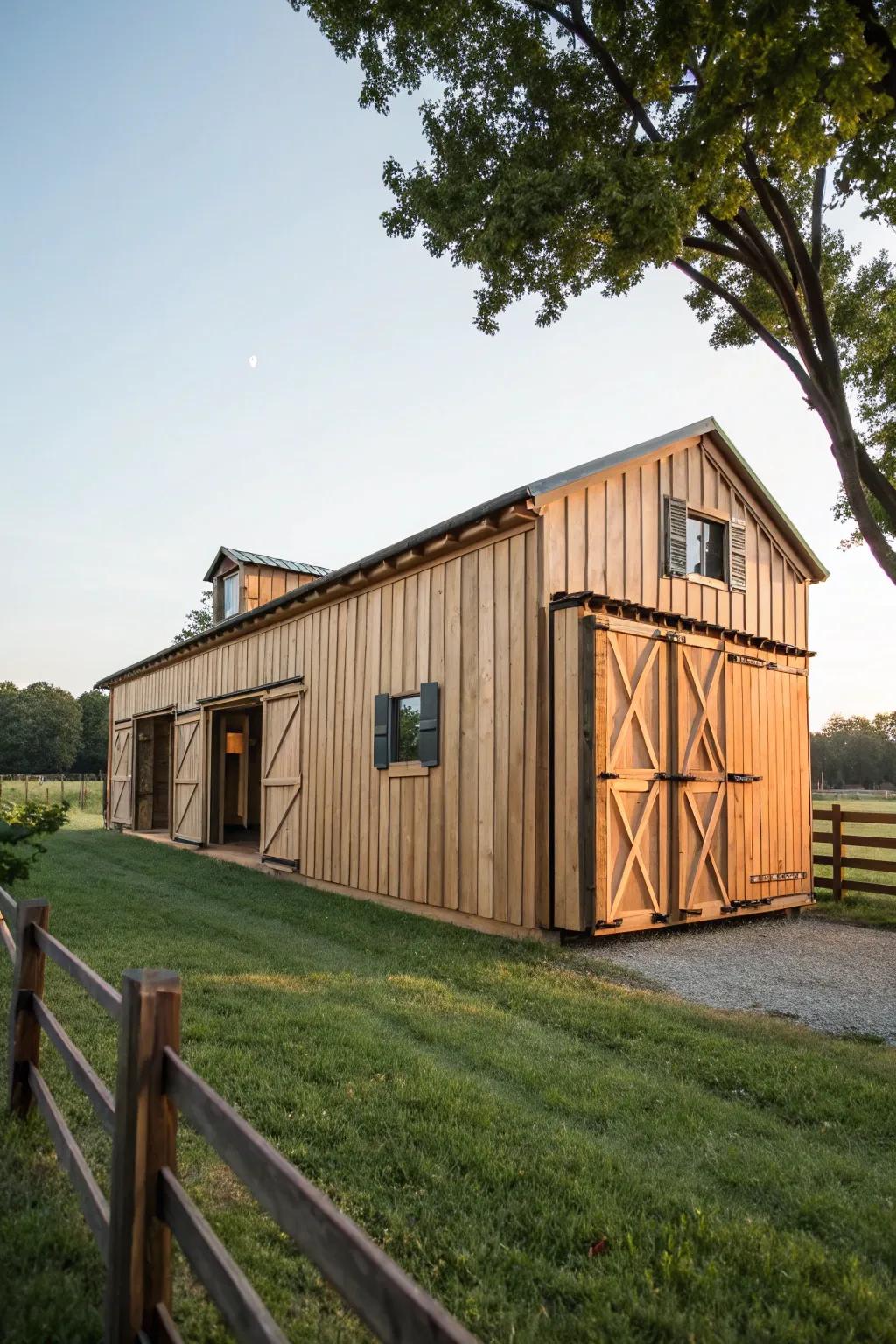 A cargo box barn showing attractive countryside-inspired elements.