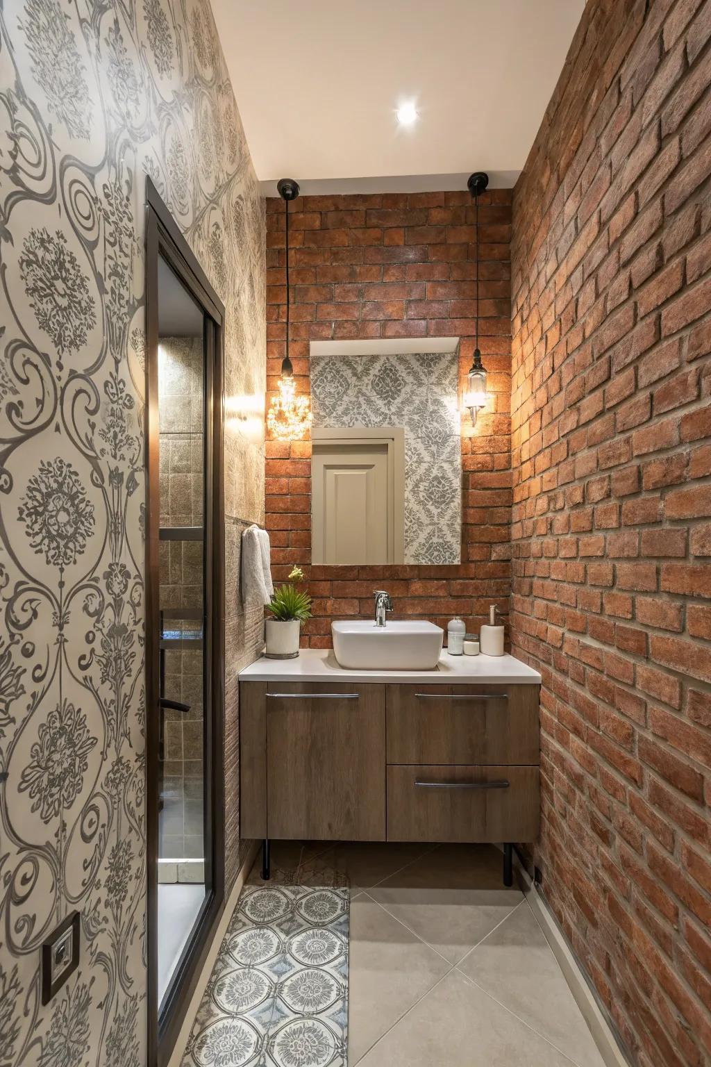 Ornamental wall finishes using brick and wallpaper.