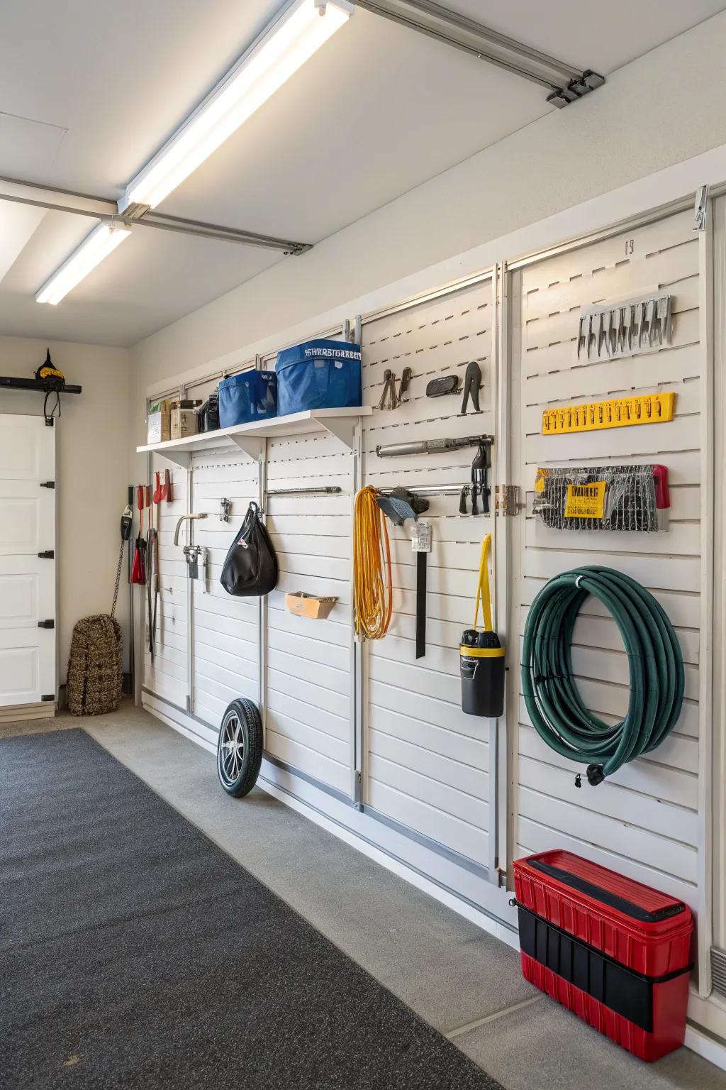 Slatwall panels providing versatile storage solutions.