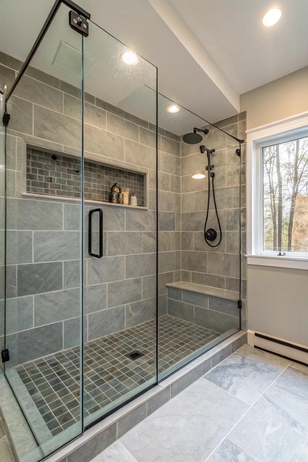 An open shower makes a statement of seamless design and practicality.