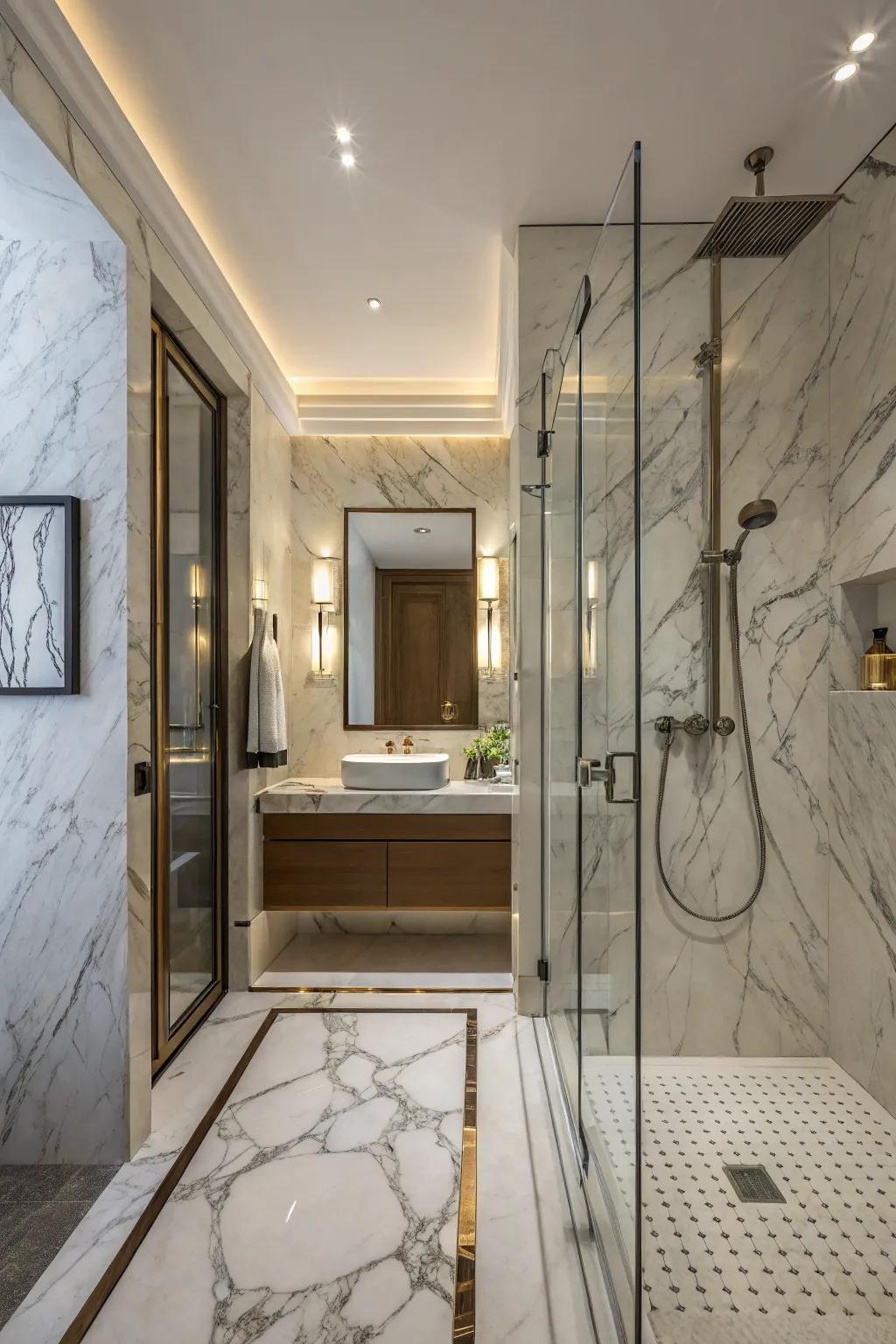 Polished rock walls fill your shower with timeless refinement.