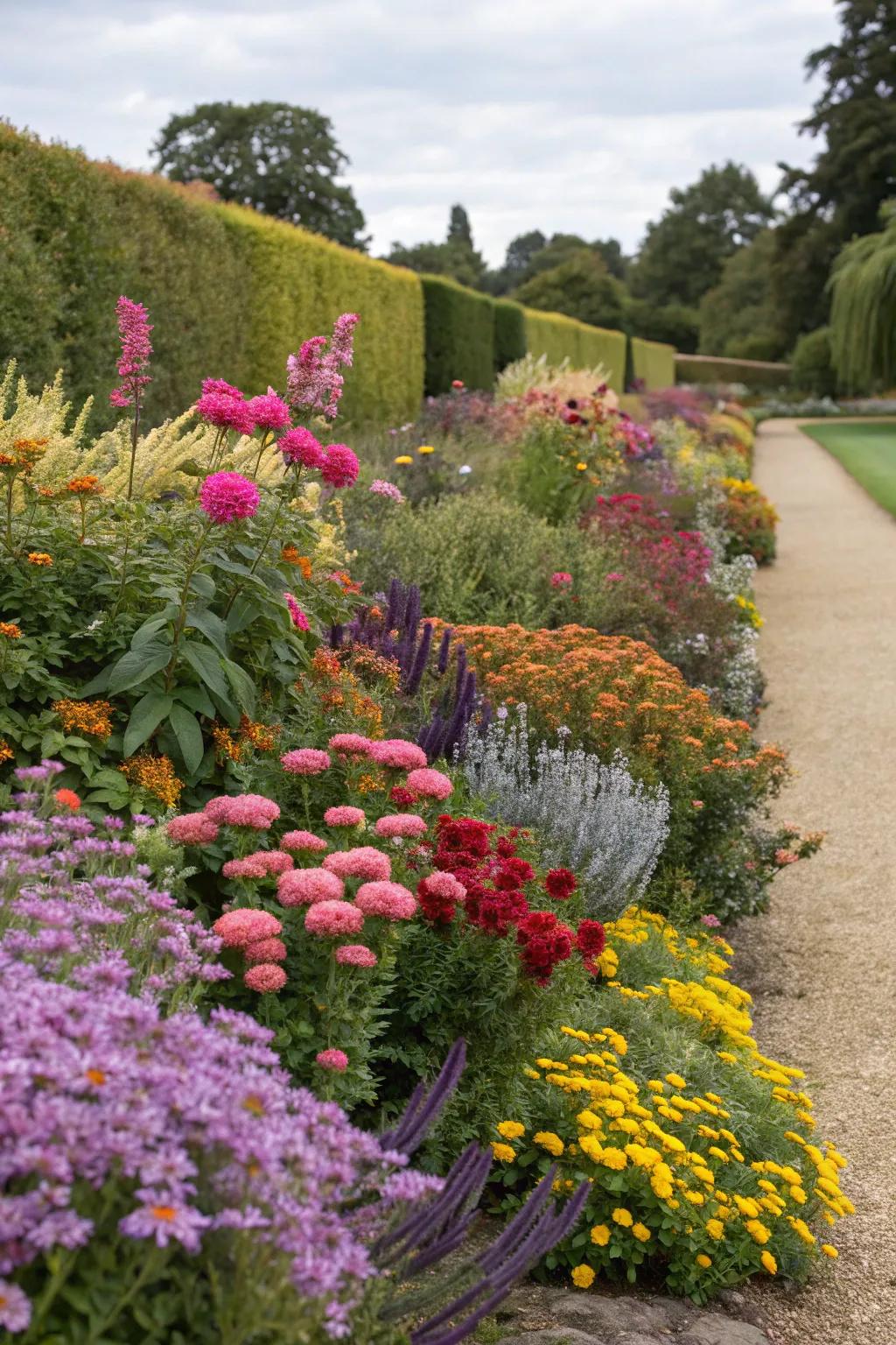 A lively garden boundary marries bright flowers and bushes, creating outstanding visual appeal.