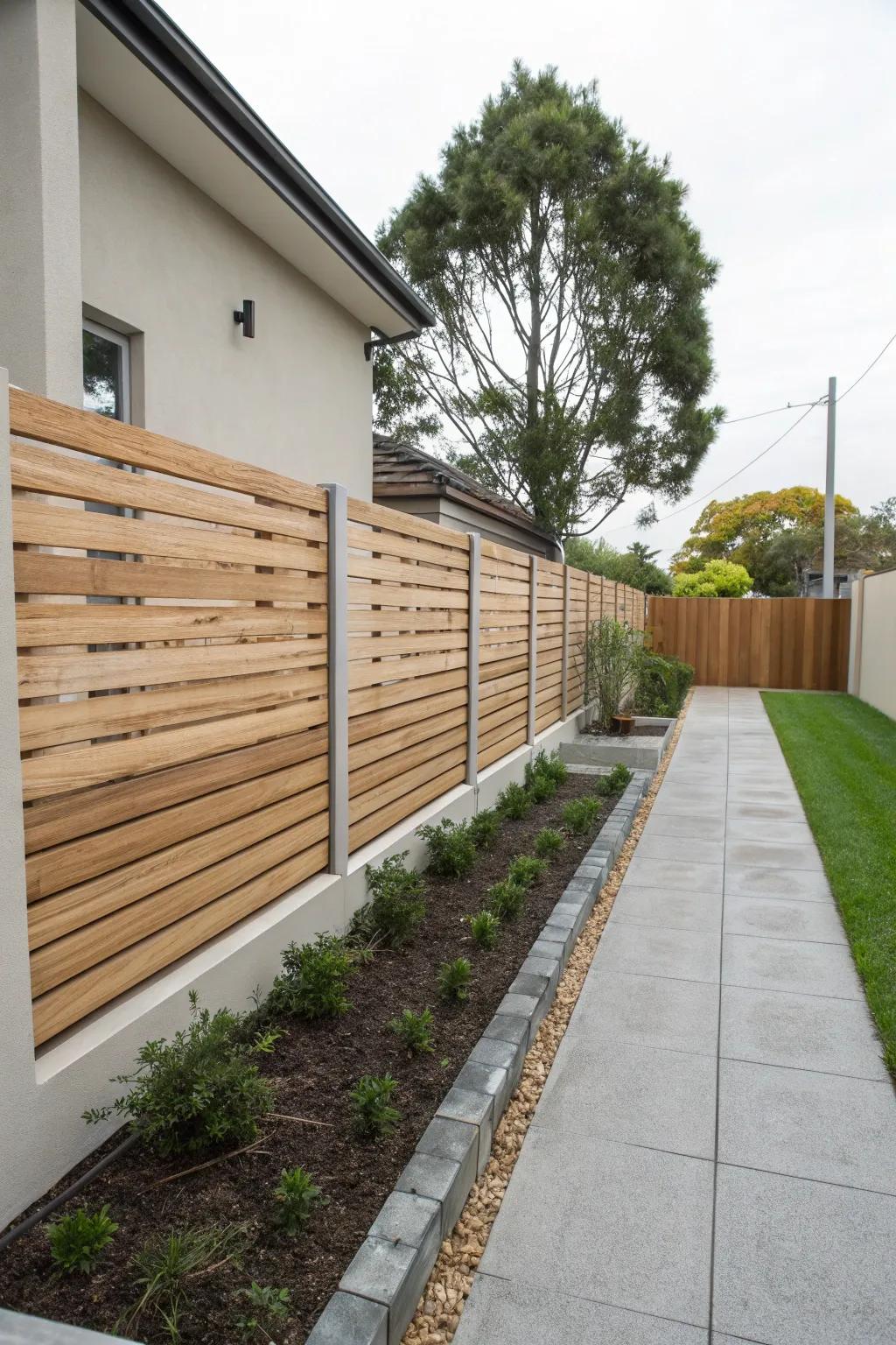 Chic side yard showcasing even planks.