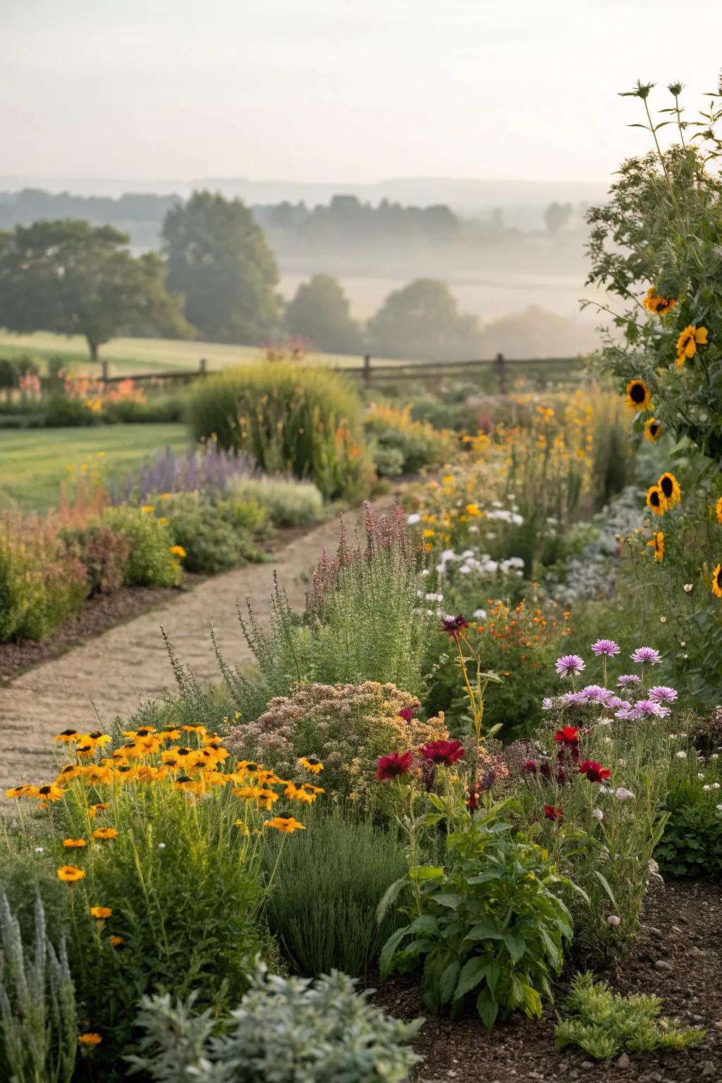 A harmonious garden where native flowers mix with cultivated plants.