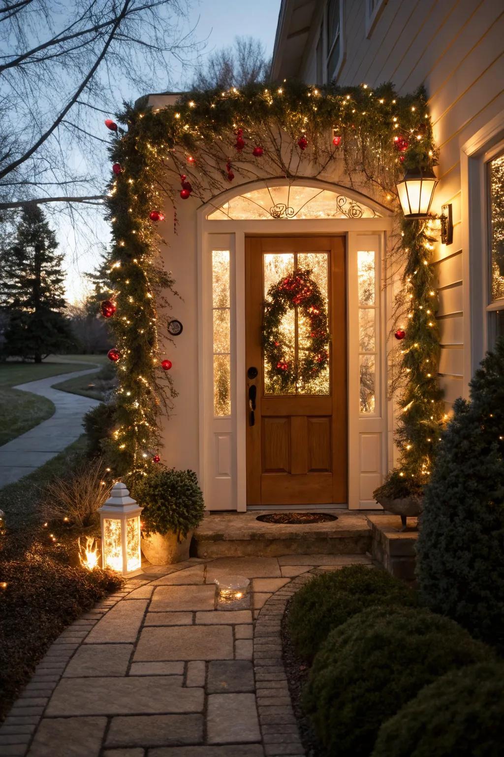 Garlands paired with twinkle lights exquisitely frame a festive doorway.